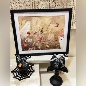 8x10 Framed Whimsical Ghost Floral pink wildflower field Halloween Decor